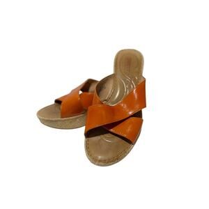 Born Slip on Mules Wedge Sandals  Orange Leather Straps Womens Size
